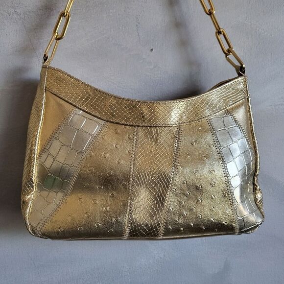 Vintage Vegan Leather Croc Snake Embossed Gold Link Strap Shoulder Bag Small - Picture 2 of 13